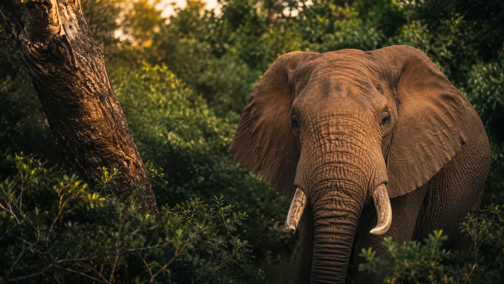 An African elephant with large tusks facing the camera in the bush near Arusha