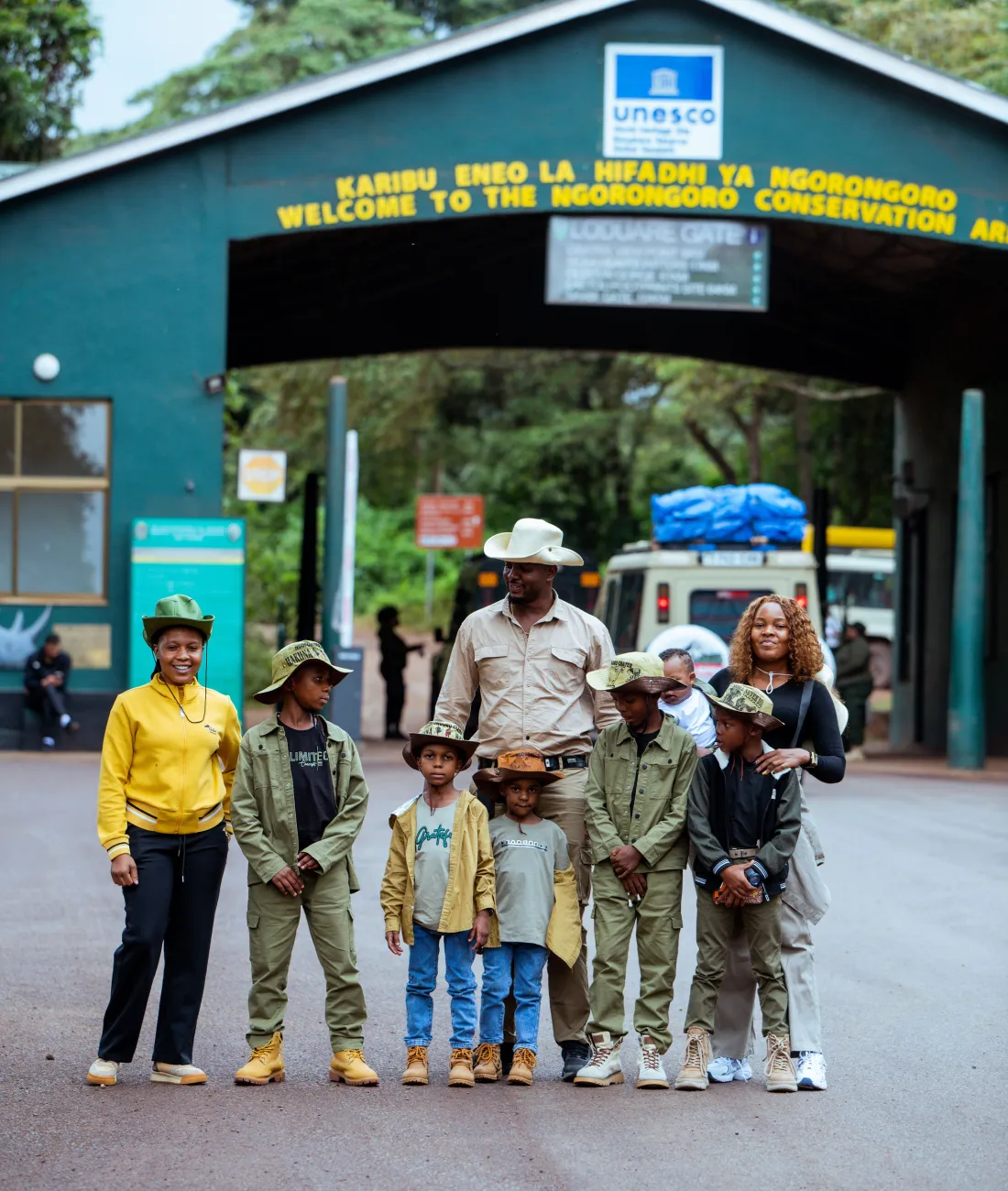 A family arriving at the Ngorongoro Conservation Area gate
